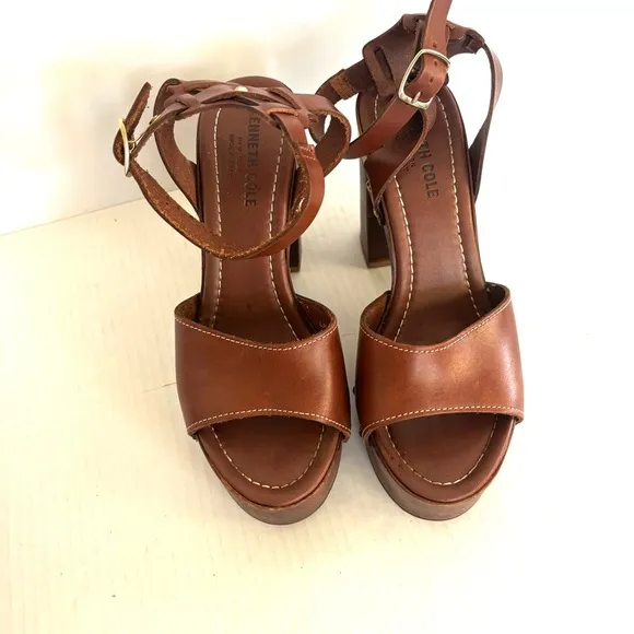 Kenneth Cole Kali Leather Platform High Heel Brown Sandals Italy Size 39/ US 8.5