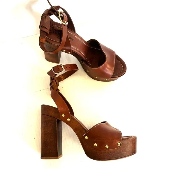 Kenneth Cole Kali Leather Platform High Heel Brown Sandals Italy Size 39/ US 8.5
