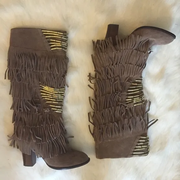 Kitson Star Ash Blonde Ambition Taupe Fringe Boots