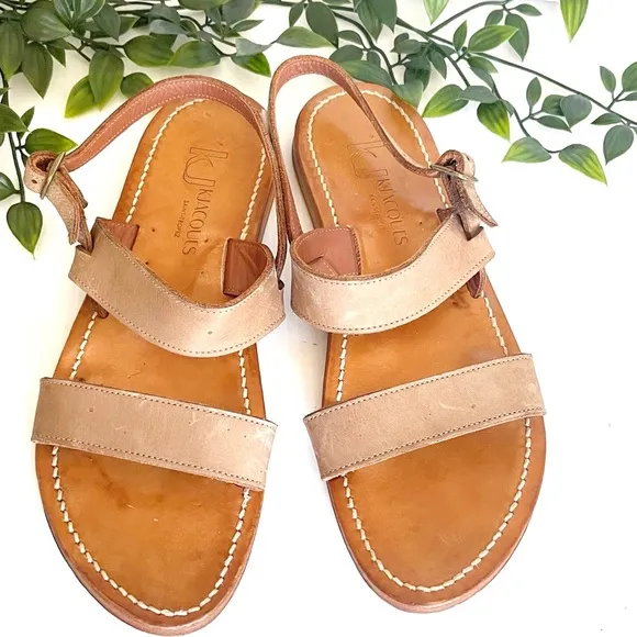 K.Jacques Barigoule leather sandal two wide bands natural honey tan 8.5