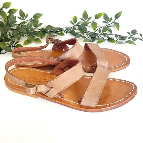 K.Jacques Barigoule leather sandal two wide bands natural honey tan 8.5
