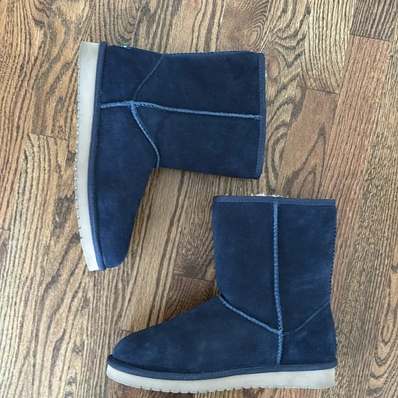 Koolaburra By UGG Navy Blue Suede Shearling Sherpa Lined Calf Boots Bow Accent