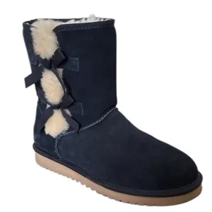 Koolaburra By UGG Navy Blue Suede Shearling Sherpa Lined Calf Boots Bow Accent