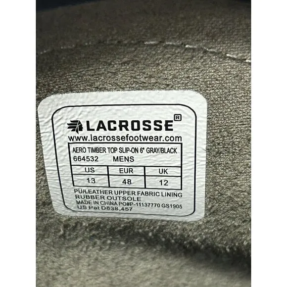 LaCrosse Boots Mens 13 Aero Timber Top Slip-On 6” Gray/Black Leather Rubber EUC