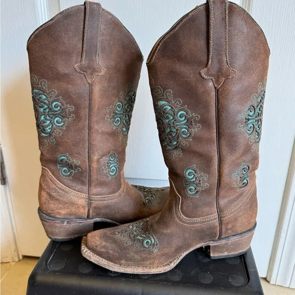 Ladies Tanner Mark Brown Leather‎  Embellished  Pointed Toe Western Boots Size 8
