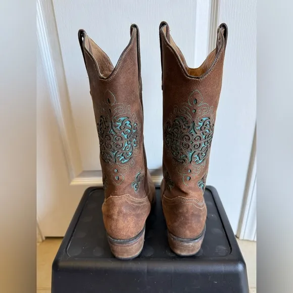 Ladies Tanner Mark Brown Leather‎  Embellished  Pointed Toe Western Boots Size 8