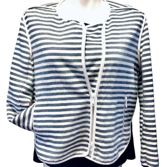Lafayette 148 New York Cotton-Blend Navy &amp; Cream Striped Zip-Front Jacket Large