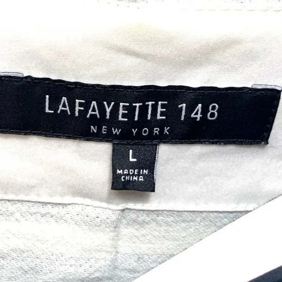 Lafayette 148 New York Cotton-Blend Navy &amp; Cream Striped Zip-Front Jacket Large
