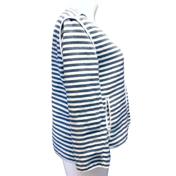 Lafayette 148 New York Cotton-Blend Navy &amp; Cream Striped Zip-Front Jacket Large