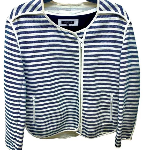 Lafayette 148 New York Cotton-Blend Navy &amp; Cream Striped Zip-Front Jacket Large
