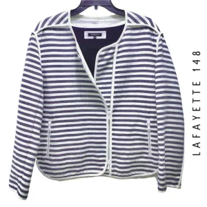 Lafayette 148 New York Cotton-Blend Navy &amp; Cream Striped Zip-Front Jacket Large
