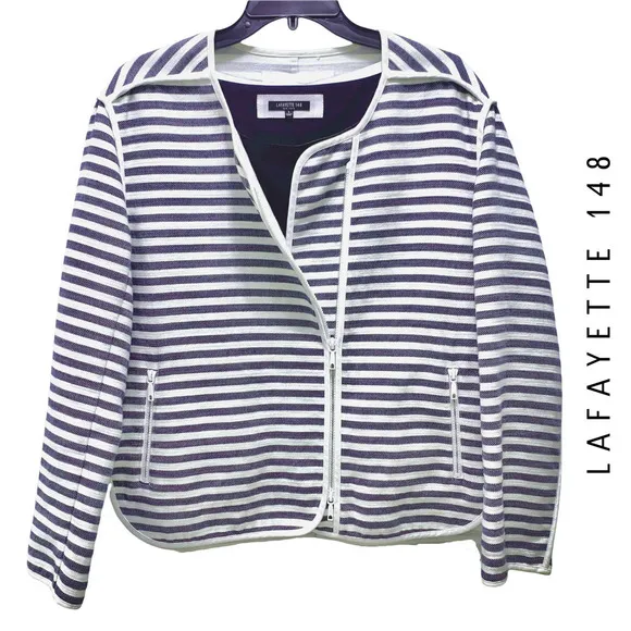 Lafayette 148 New York Cotton-Blend Navy &amp; Cream Striped Zip-Front Jacket Large