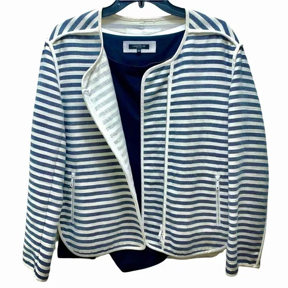 Lafayette 148 New York Cotton-Blend Navy &amp; Cream Striped Zip-Front Jacket Large