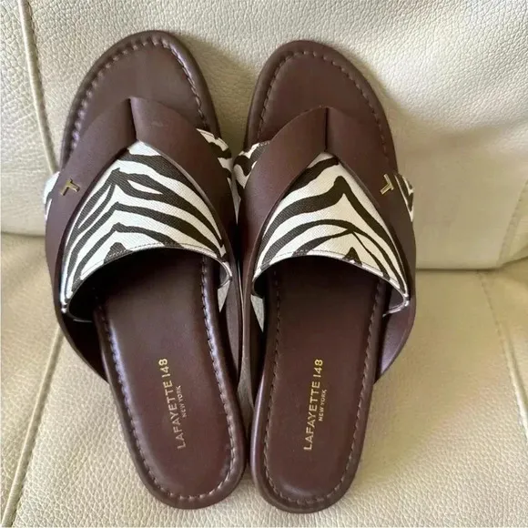 Lafayette 148 NY slides/sandals brown with zebra print women’s Sz:7
