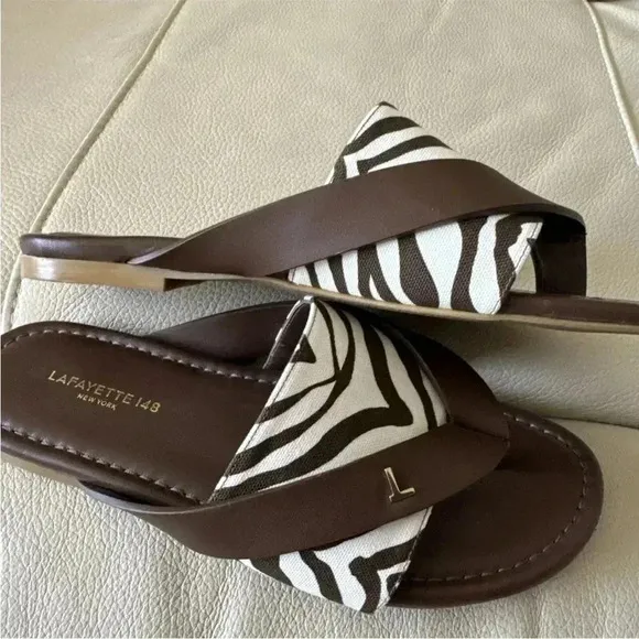 Lafayette 148 NY slides/sandals brown with zebra print women’s Sz:7