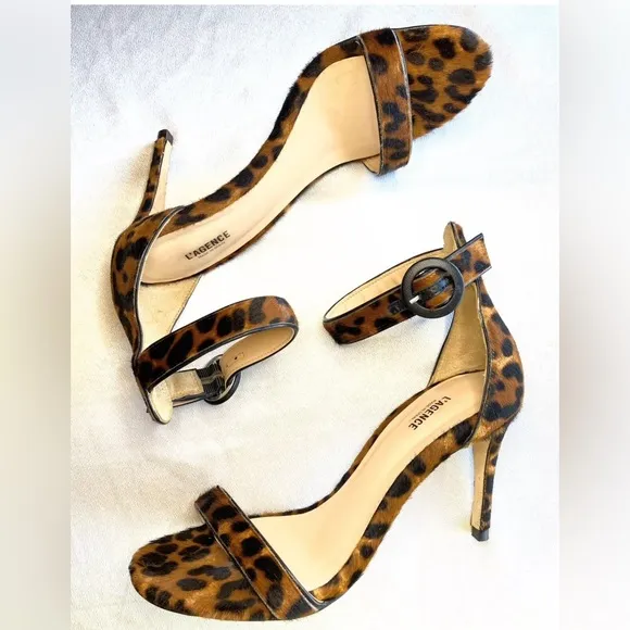 L’Agence ‘Gisele’ Leopard Ankle Strap Heeled Sandals 37.5 Size 7.5 Calf Hair