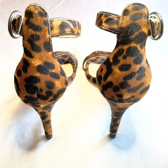 L’Agence ‘Gisele’ Leopard Ankle Strap Heeled Sandals 37.5 Size 7.5 Calf Hair