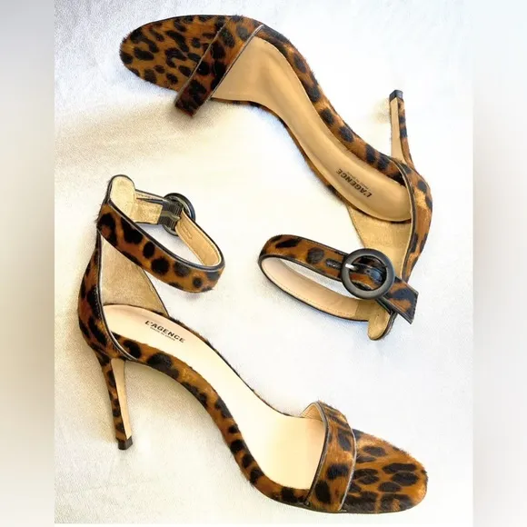 L’Agence ‘Gisele’ Leopard Ankle Strap Heeled Sandals 37.5 Size 7.5 Calf Hair