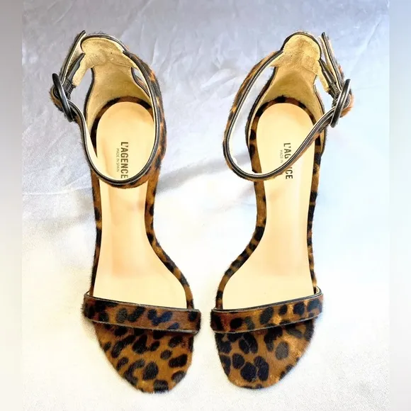 L’Agence ‘Gisele’ Leopard Ankle Strap Heeled Sandals 37.5 Size 7.5 Calf Hair