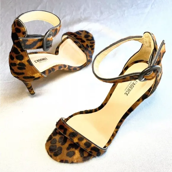 L’Agence ‘Gisele’ Leopard Ankle Strap Heeled Sandals 37.5 Size 7.5 Calf Hair