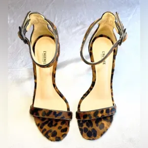 L’Agence ‘Gisele’ Leopard Ankle Strap Heeled Sandals 37.5 Size 7.5 Calf Hair