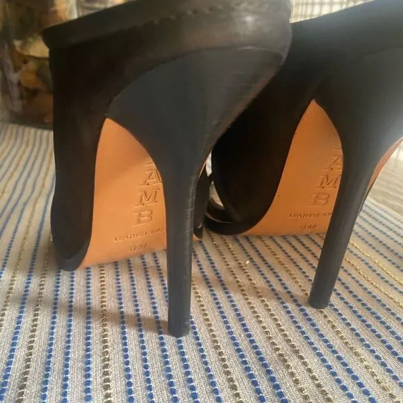 L.A.M.B. Black Leather Suede Open Toe Stiletto Sandals  Size 6