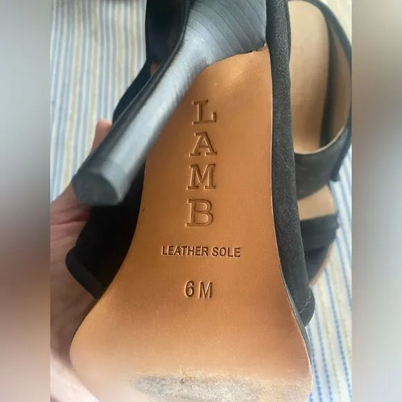 L.A.M.B. Black Leather Suede Open Toe Stiletto Sandals  Size 6