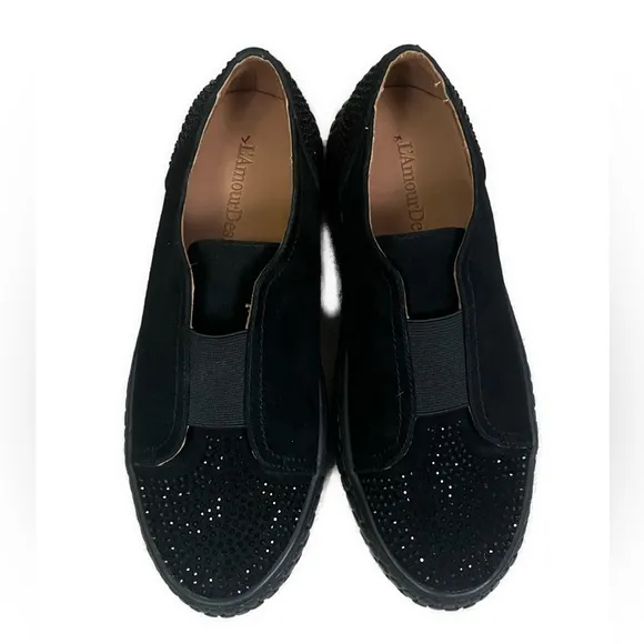L’Amour Des Pieds NEW Zarrial Bedazzled Black Leather Slip On Sneakers- Size 6.5