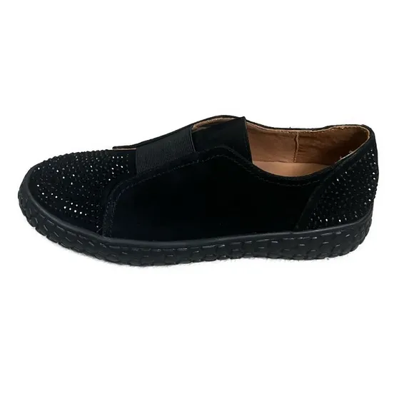 L’Amour Des Pieds NEW Zarrial Bedazzled Black Leather Slip On Sneakers- Size 6.5