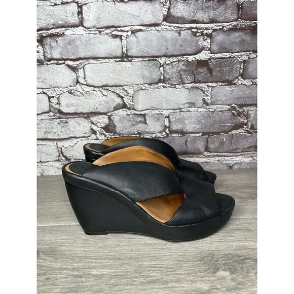 L'Amour Des Pieds Black Leather Strappy Wedge Open Toe Sandals Women 7M US/38EU