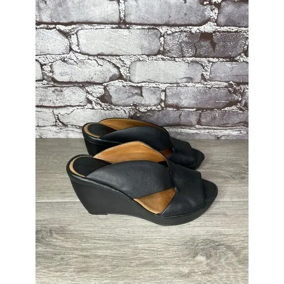 L'Amour Des Pieds Black Leather Strappy Wedge Open Toe Sandals Women 7M US/38EU
