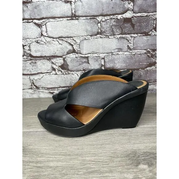 L'Amour Des Pieds Black Leather Strappy Wedge Open Toe Sandals Women 7M US/38EU
