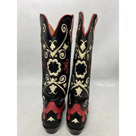 Lane Boots Womens 8 E Western Snip Toe Black Red 2 Tone Leather Classic Cowboy