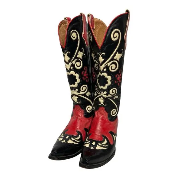 Lane Boots Womens 8 E Western Snip Toe Black Red 2 Tone Leather Classic Cowboy