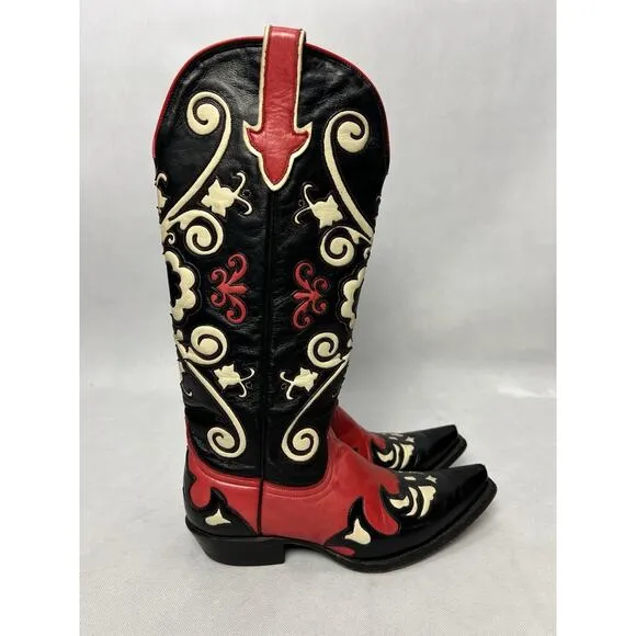 Lane Boots Womens 8 E Western Snip Toe Black Red 2 Tone Leather Classic Cowboy