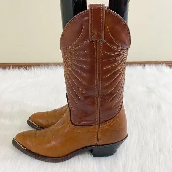Laredo 2 Tone Brown Leather Western Boots Pull On Made in USA Women's Size 6 EUC