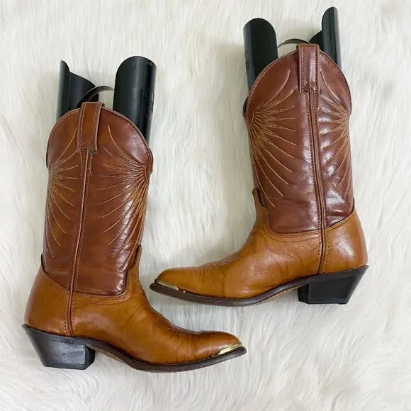 Laredo 2 Tone Brown Leather Western Boots Pull On Made in USA Women's Size 6 EUC