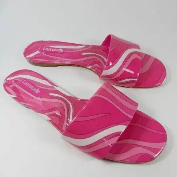 Larroude Ivy Flat Mule SANDALS Size 10 Pink Wave Print Patent Leather NEW $215