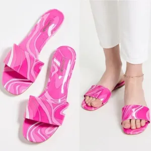 Larroude Ivy Flat Mule SANDALS Size 10 Pink Wave Print Patent Leather NEW $215