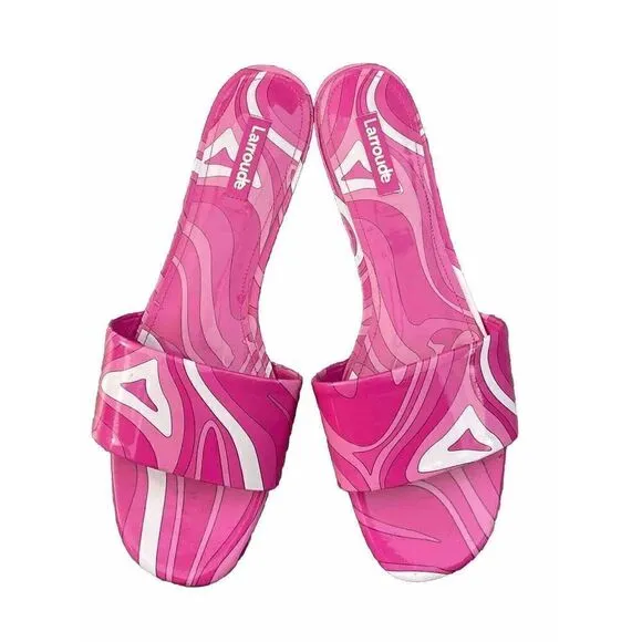 Larroude Ivy Flat Mule SANDALS Size 10 Pink Wave Print Patent Leather NEW $215