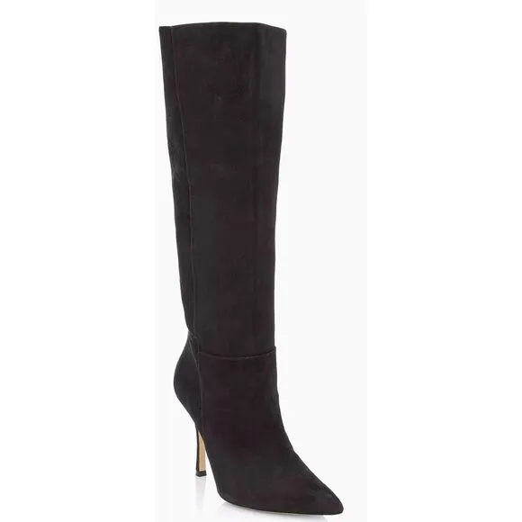 Larroude Knee High Boots Black Suede Size 8 Pointed Toe High Heel Leather Sole