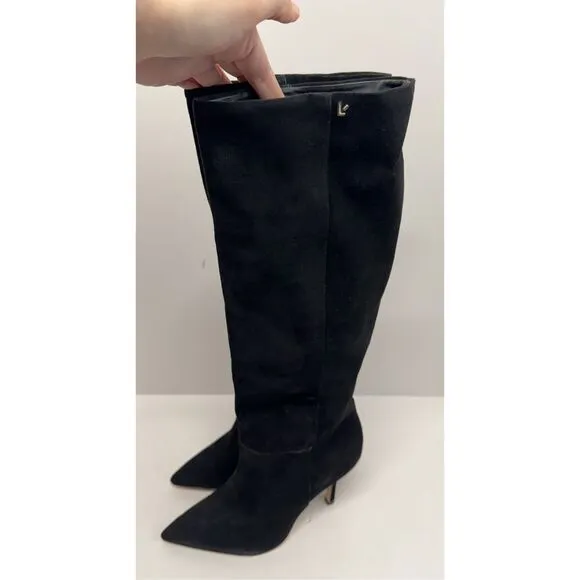 Larroude Knee High Boots Black Suede Size 8 Pointed Toe High Heel Leather Sole