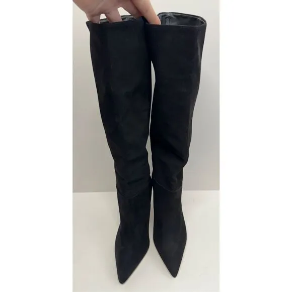 Larroude Knee High Boots Black Suede Size 8 Pointed Toe High Heel Leather Sole
