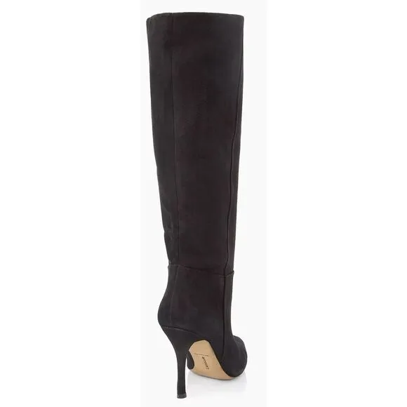 Larroude Knee High Boots Black Suede Size 8 Pointed Toe High Heel Leather Sole