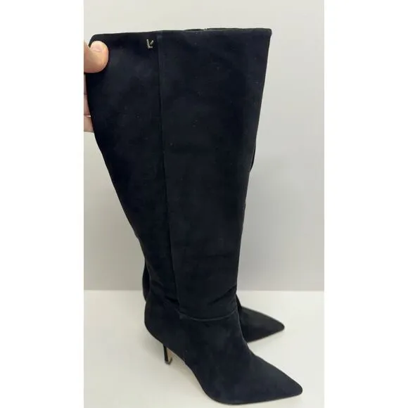 Larroude Knee High Boots Black Suede Size 8 Pointed Toe High Heel Leather Sole