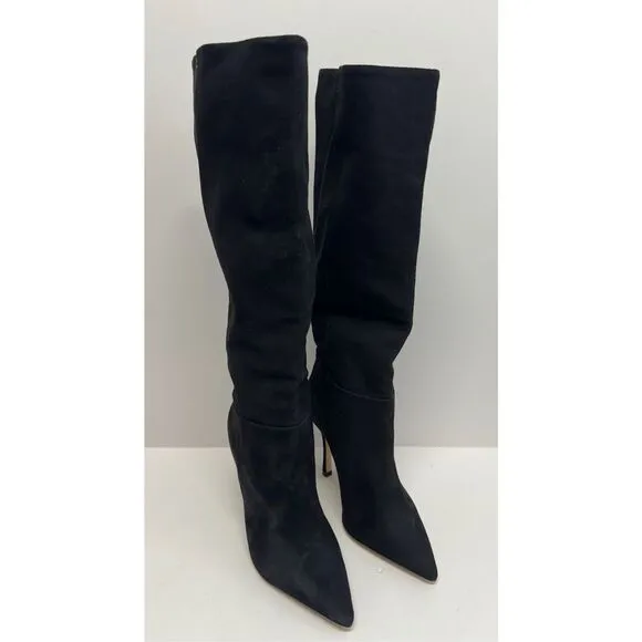 Larroude Knee High Boots Black Suede Size 8 Pointed Toe High Heel Leather Sole