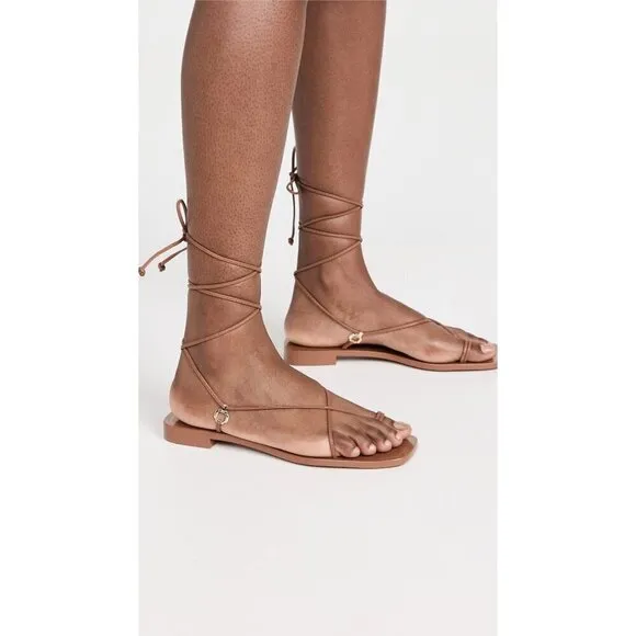 Larroude Portofino Flat Sandals in Caramel Leather 6 With Box Womens Wrap