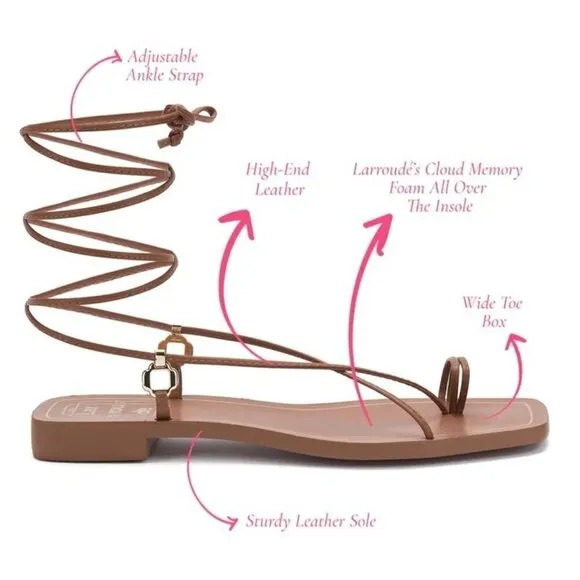 Larroude Portofino Flat Sandals in Caramel Leather 6 With Box Womens Wrap