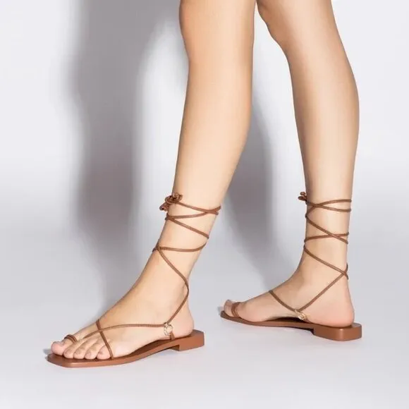 Larroude Portofino Flat Sandals in Caramel Leather 6 With Box Womens Wrap
