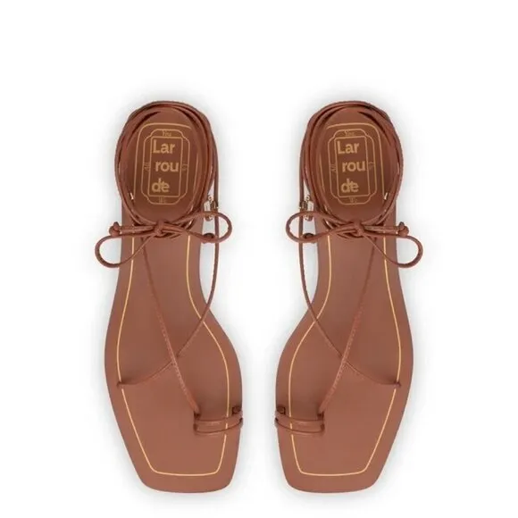 Larroude Portofino Flat Sandals in Caramel Leather 6 With Box Womens Wrap